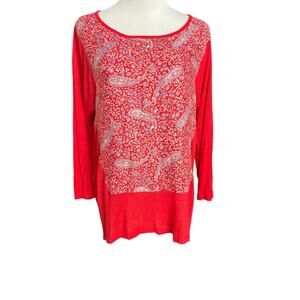 Lucky Brand Size Large Red Long Sleeve Longline Tunic Paisley Bohemian Top